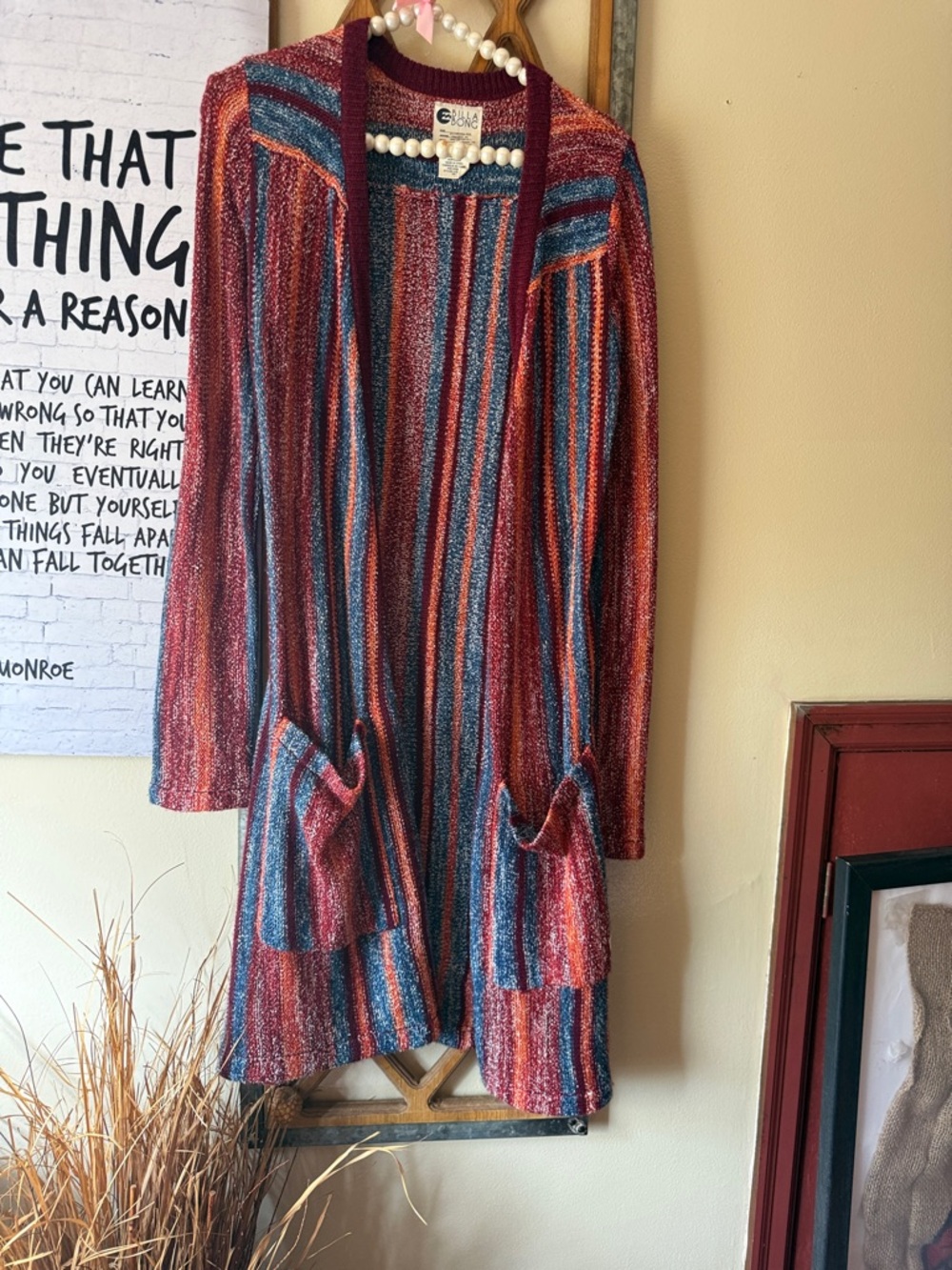 Billabong Burgundy, Blue and Orange Striped Knit Cardigan Sweater